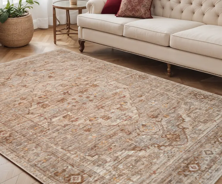 5' X 7' Beige And Brown Floral Medallion Area Rug With Fringe