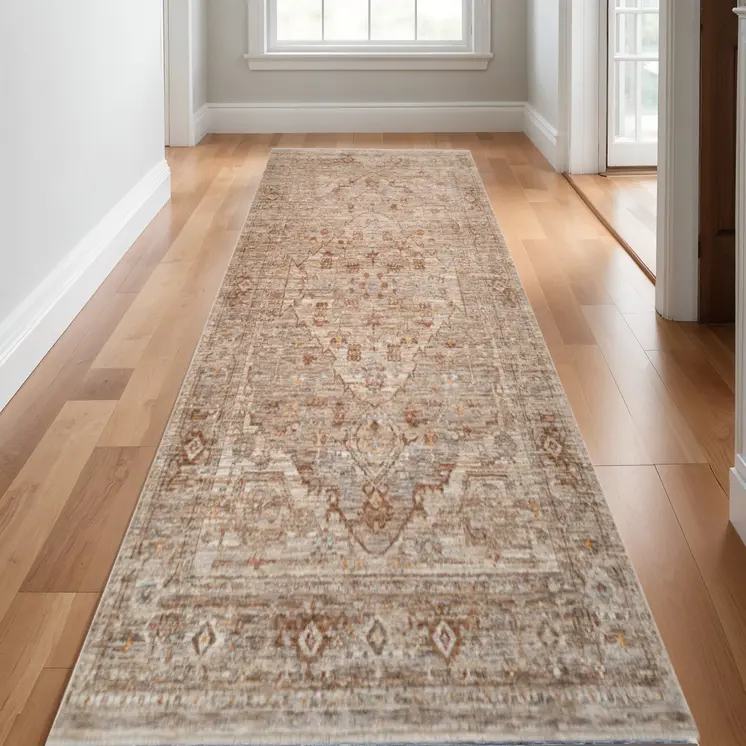 3' X 10' Beige And Brown Floral Medallion Runner Rug With Fringe