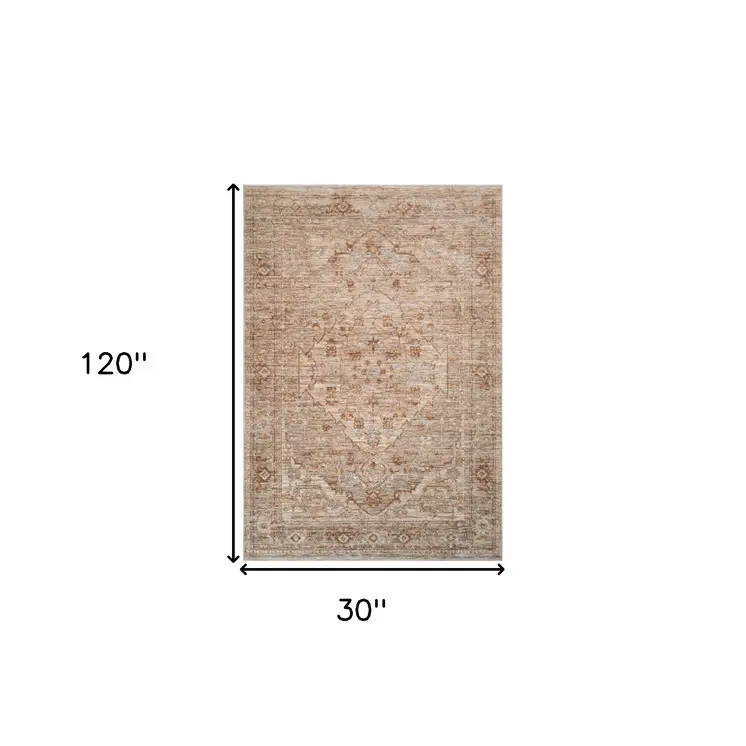 3' X 10' Beige And Brown Floral Medallion Runner Rug With Fringe