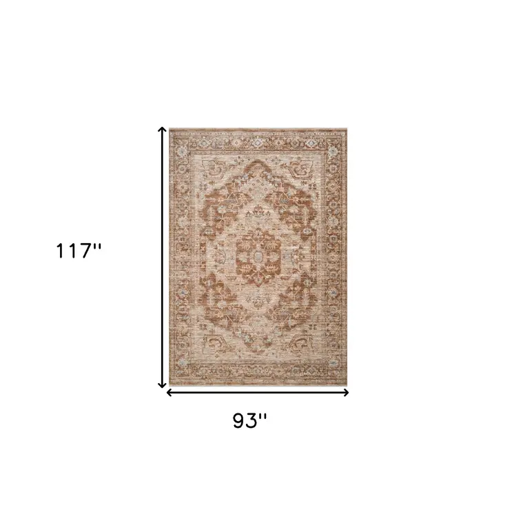 8' X 10' Sand And Brown Floral Medallion Area Rug With Fringe