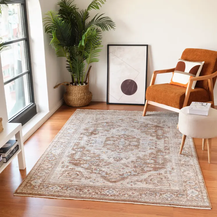 9' X 12' Sand And Brown Floral Medallion Area Rug With Fringe