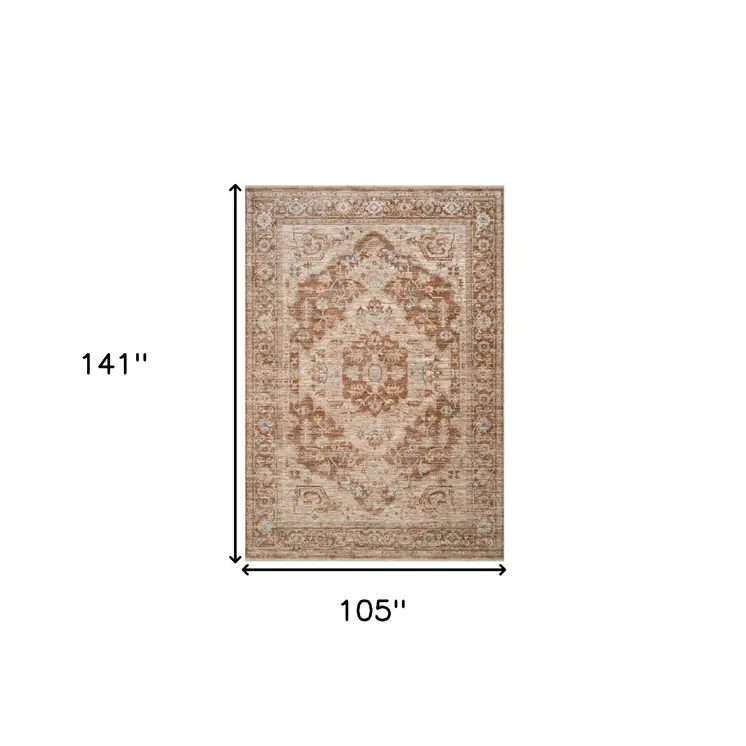 9' X 12' Sand And Brown Floral Medallion Area Rug With Fringe