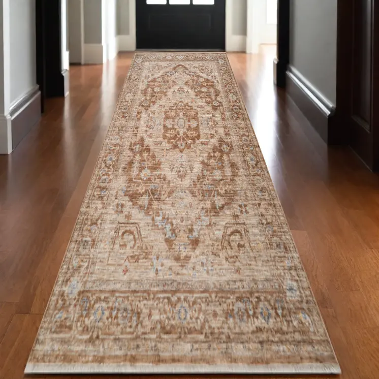 3' X 10' Sand And Brown Floral Medallion Runner Rug With Fringe