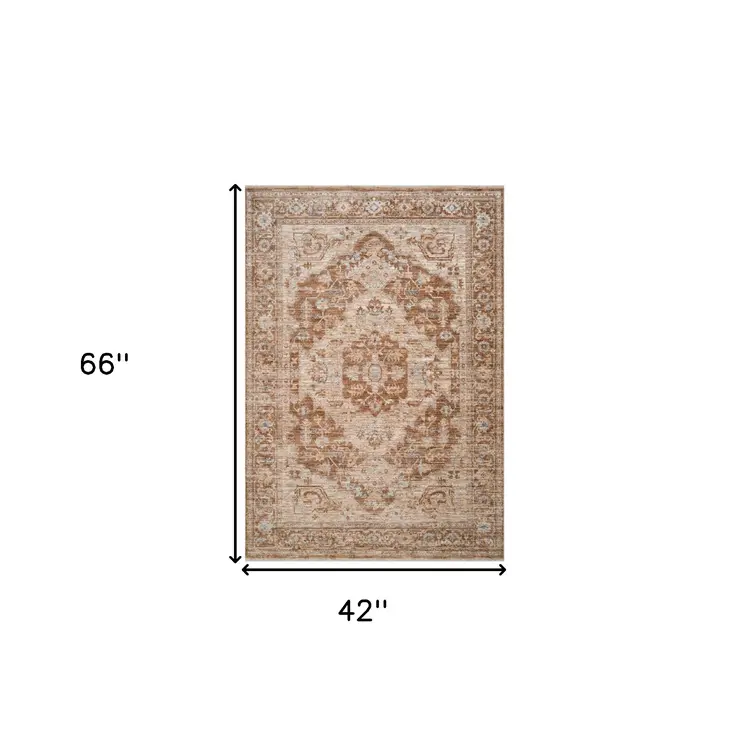 4' X 6' Sand And Brown Floral Medallion Area Rug With Fringe
