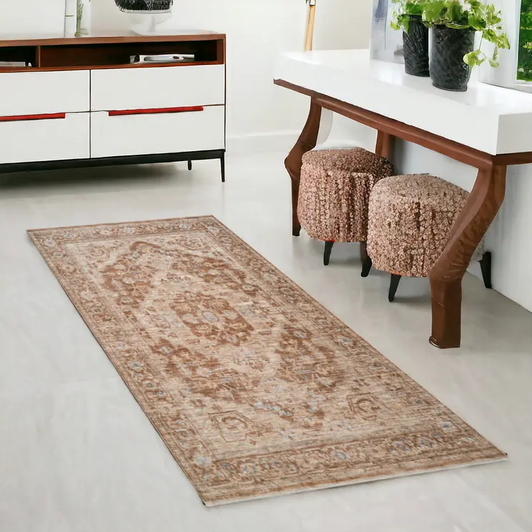 3' X 6' Sand And Brown Floral Medallion Runner Rug With Fringe