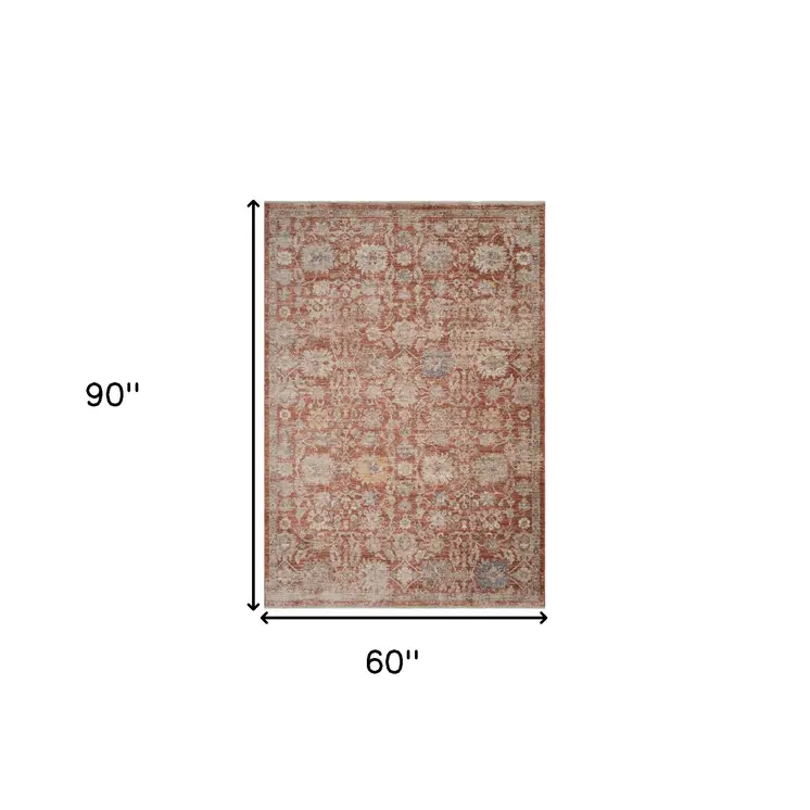 5' X 7' Brick Red And Gray Floral Medallion Area Rug With Fringe