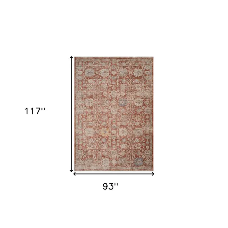 8' X 10' Brick Red And Gray Floral Medallion Area Rug With Fringe