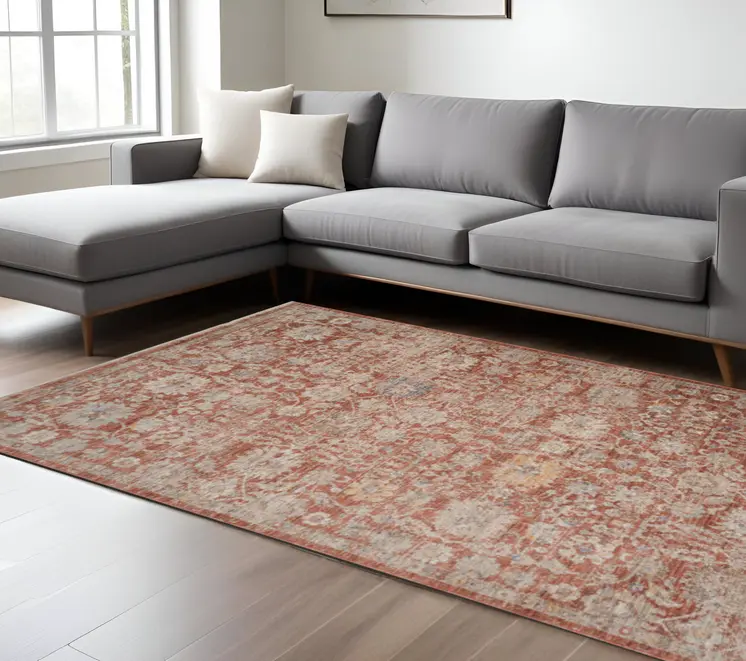 9' X 12' Brick Red And Gray Floral Medallion Area Rug With Fringe