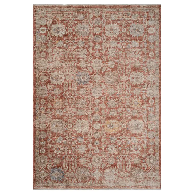 9' X 12' Brick Red And Gray Floral Medallion Area Rug With Fringe