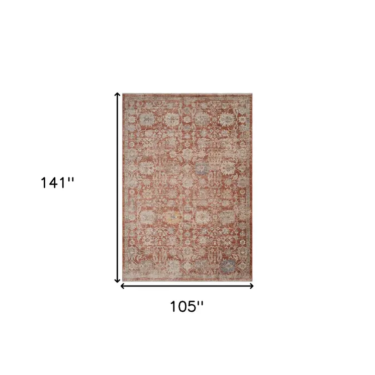 9' X 12' Brick Red And Gray Floral Medallion Area Rug With Fringe