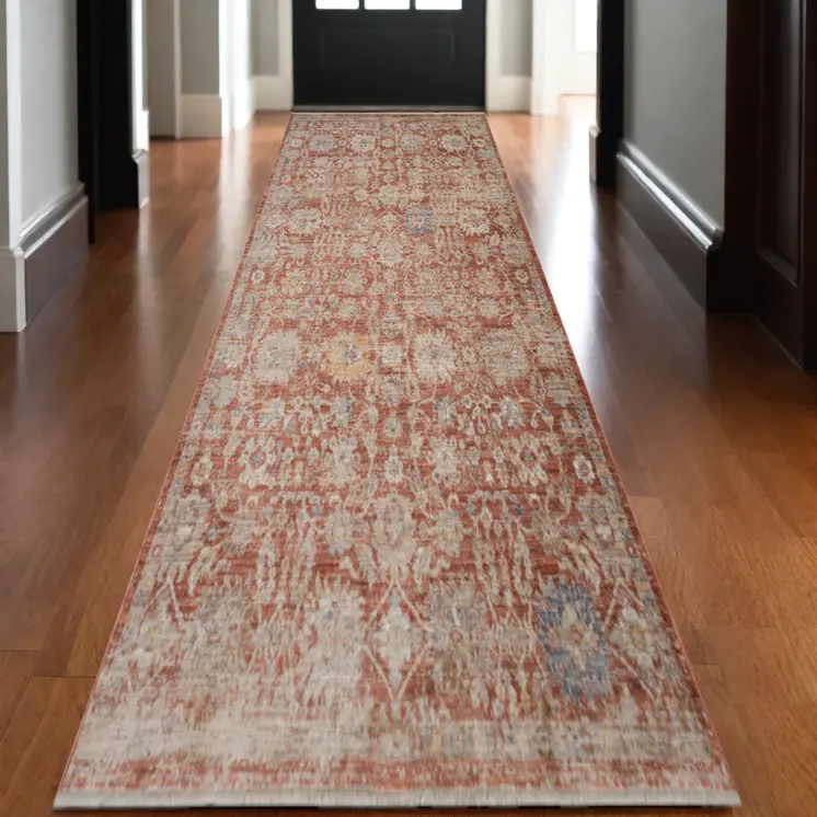 3' X 10' Brick Red And Gray Floral Medallion Runner Rug With Fringe