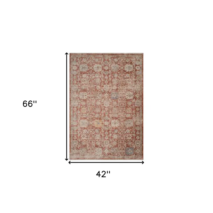 4' X 6' Brick Red And Gray Floral Medallion Area Rug With Fringe