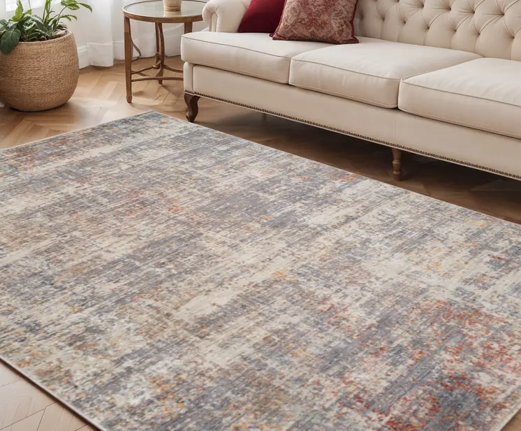 5' X 7' Gray Ivory And Brick Red Abstract Area Rug With Fringe