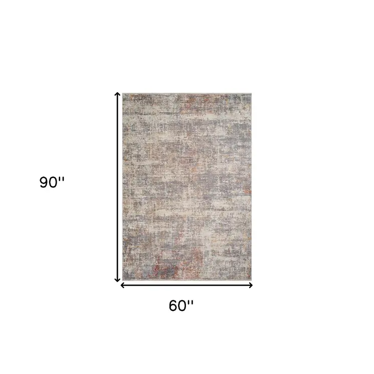 5' X 7' Gray Ivory And Brick Red Abstract Area Rug With Fringe
