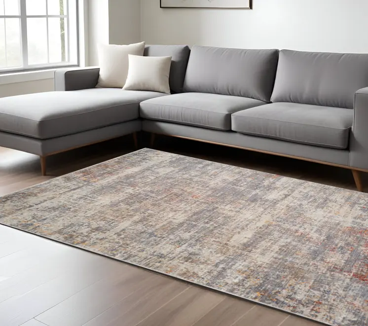 8' X 10' Gray Ivory And Brick Red Abstract Area Rug With Fringe