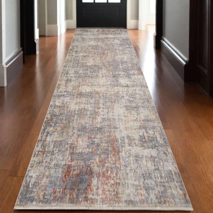 3' X 10' Gray Ivory And Brick Red Floral Medallion Runner Rug With Fringe