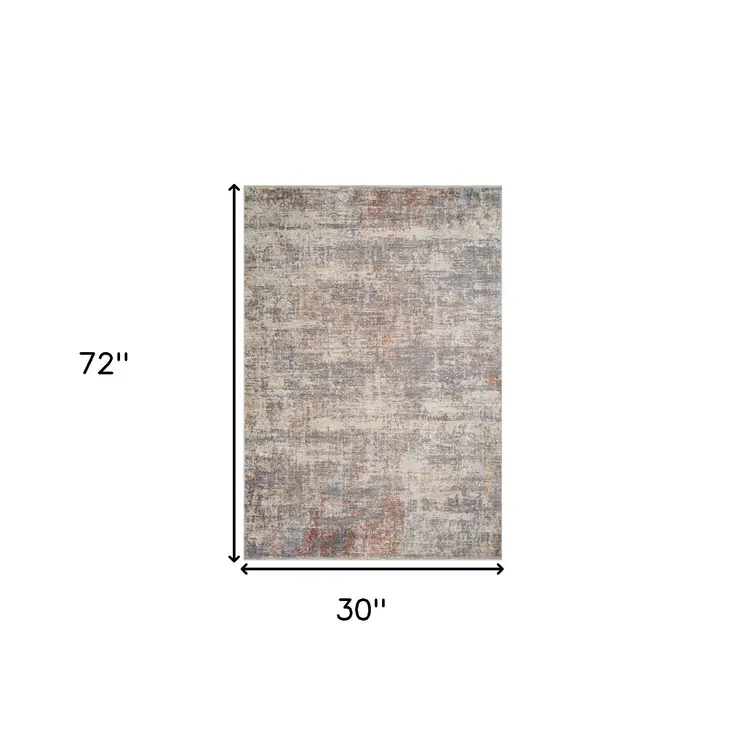 3' X 6' Gray Ivory And Brick Red Floral Medallion Runner Rug With Fringe