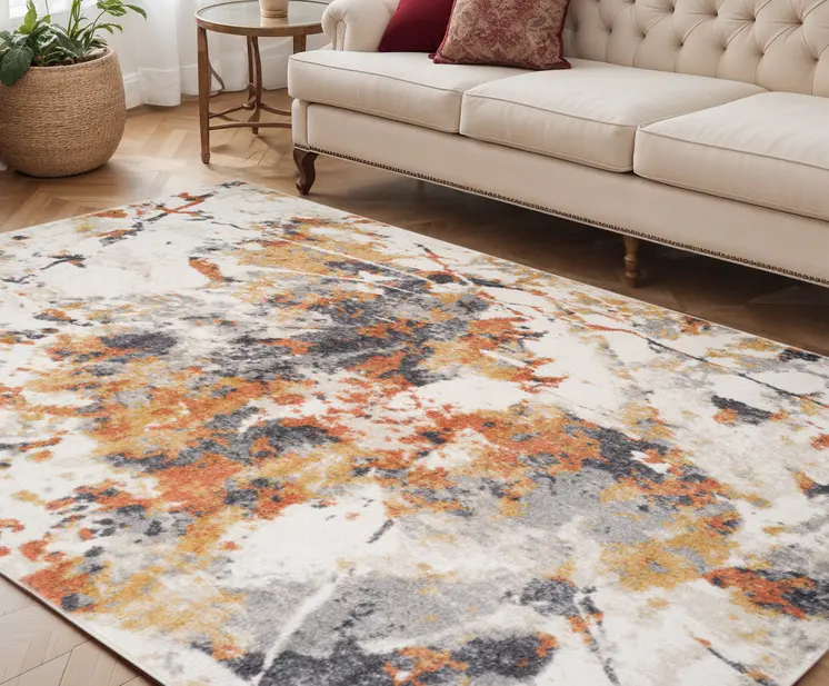 5' X 8' Ivory Orange And Gray Abstract Area Rug
