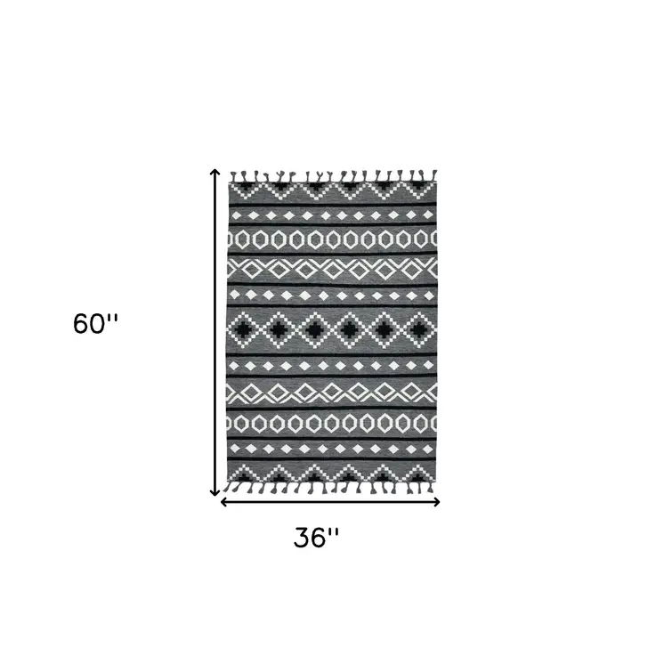 3' X 5' Gray White And Black Wool Tribal Flatweave Handmade Area Rug With Fringe