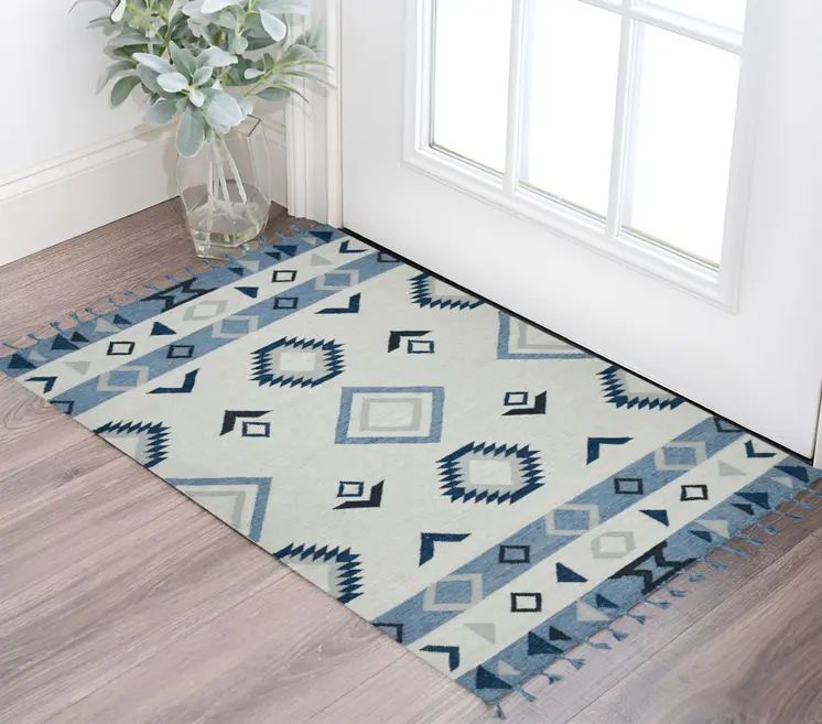 3' X 5' Sky Blue Gray And Black Wool Tribal Flatweave Handmade Area Rug With Fringe