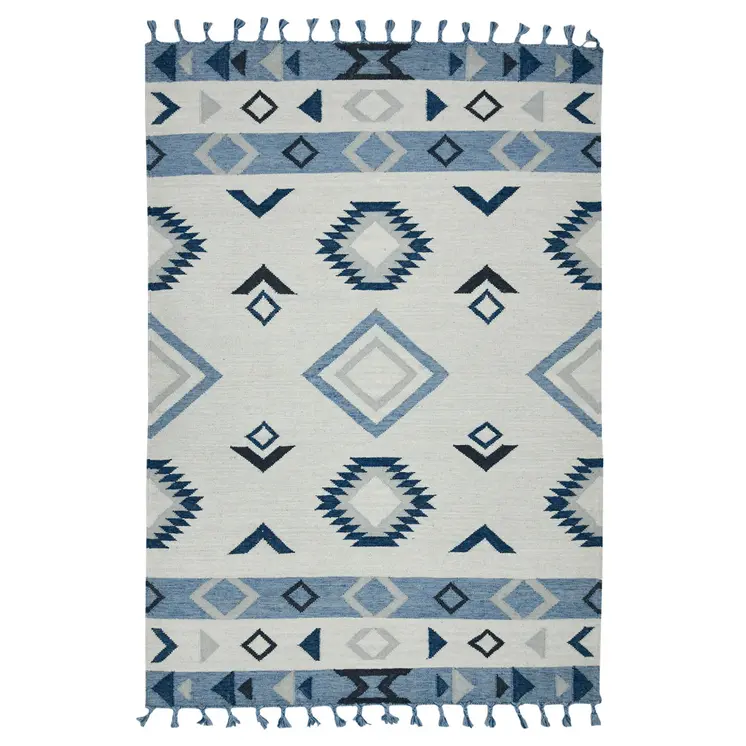 3' X 5' Sky Blue Gray And Black Wool Tribal Flatweave Handmade Area Rug With Fringe
