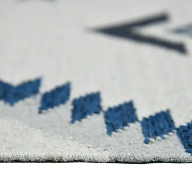 3' X 5' Sky Blue Gray And Black Wool Tribal Flatweave Handmade Area Rug With Fringe