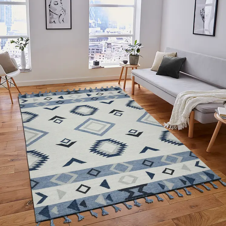 3' X 5' Sky Blue Gray And Black Wool Tribal Flatweave Handmade Area Rug With Fringe