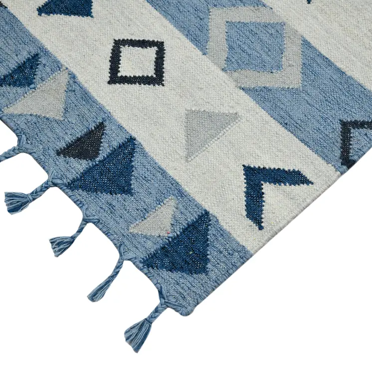 3' X 5' Sky Blue Gray And Black Wool Tribal Flatweave Handmade Area Rug With Fringe