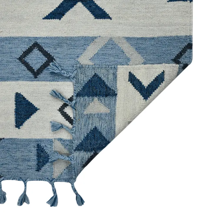 3' X 5' Sky Blue Gray And Black Wool Tribal Flatweave Handmade Area Rug With Fringe