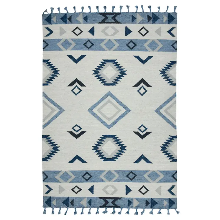 3' X 5' Sky Blue Gray And Black Wool Tribal Flatweave Handmade Area Rug With Fringe