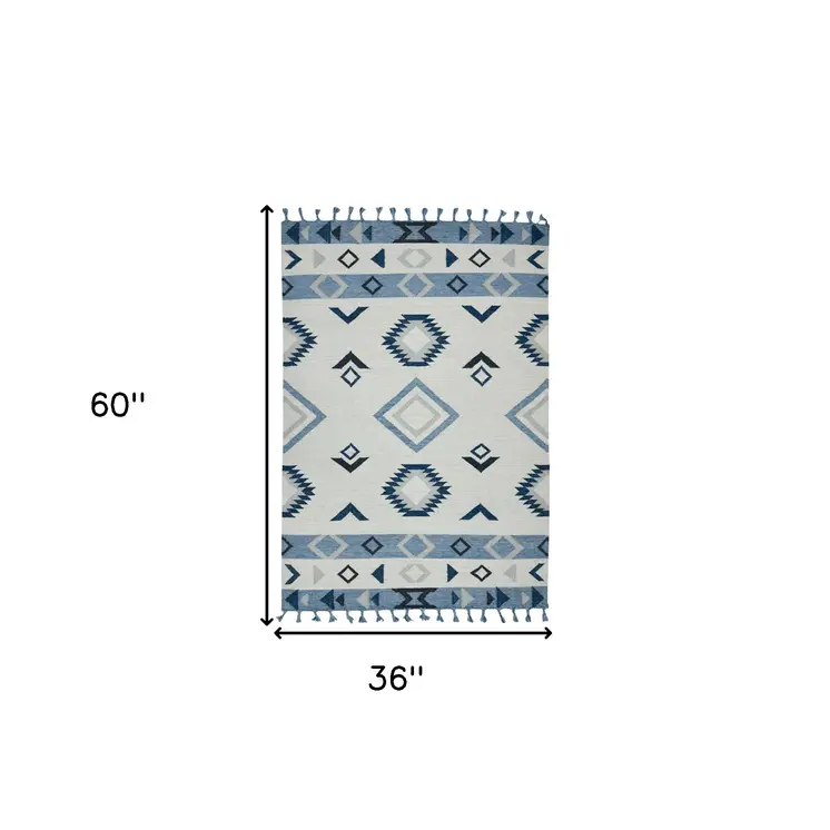 3' X 5' Sky Blue Gray And Black Wool Tribal Flatweave Handmade Area Rug With Fringe