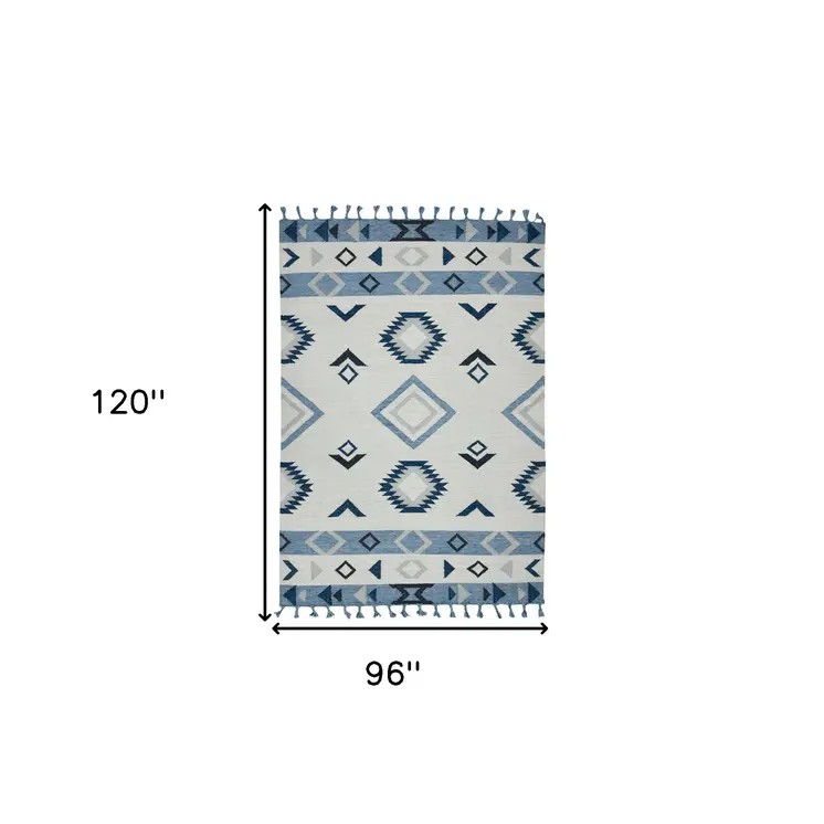 8' X 10' Sky Blue Gray And Black Wool Tribal Flatweave Handmade Area Rug With Fringe
