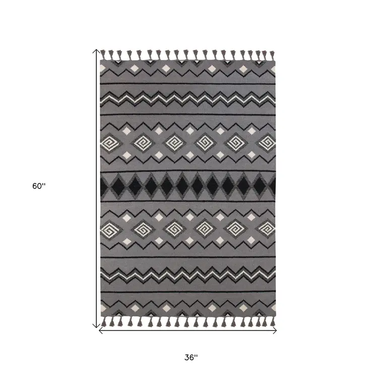 3' X 5' Gray White And Black Wool Tribal Flatweave Handmade Area Rug With Fringe