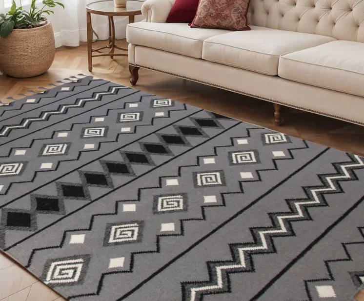 5' X 8' Gray White And Black Wool Tribal Flatweave Handmade Area Rug With Fringe