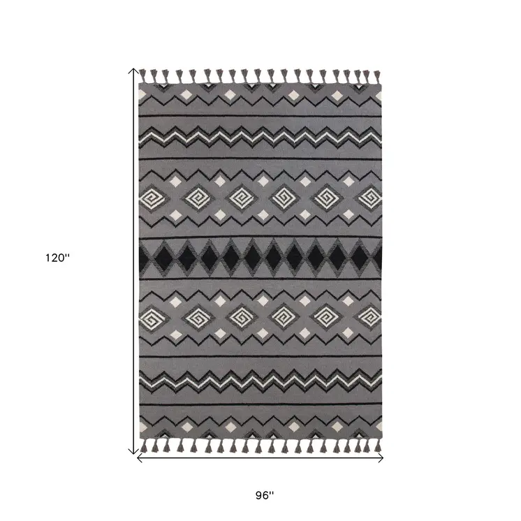 8' X 10' Gray White And Black Wool Tribal Flatweave Handmade Area Rug With Fringe