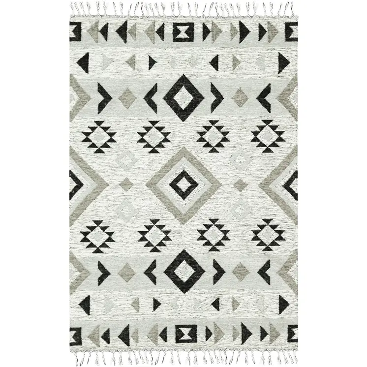 8' X 10' Silver Black And Gray Wool Tribal Flatweave Handmade Area Rug With Fringe