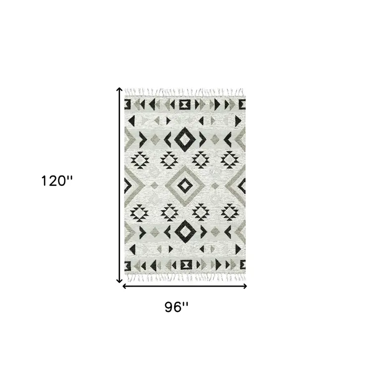 8' X 10' Silver Black And Gray Wool Tribal Flatweave Handmade Area Rug With Fringe