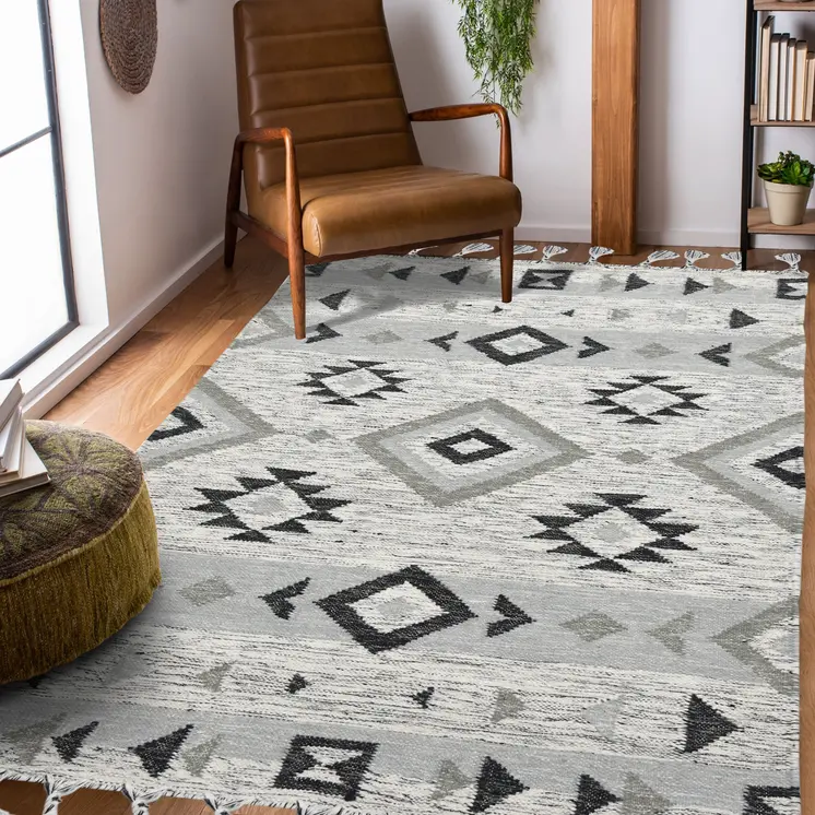 9' X 12' Silver Black And Gray Wool Tribal Flatweave Handmade Area Rug With Fringe