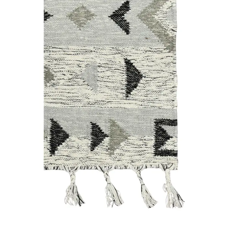 9' X 12' Silver Black And Gray Wool Tribal Flatweave Handmade Area Rug With Fringe