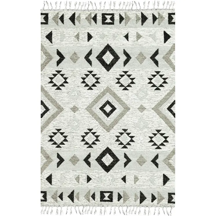 9' X 12' Silver Black And Gray Wool Tribal Flatweave Handmade Area Rug With Fringe