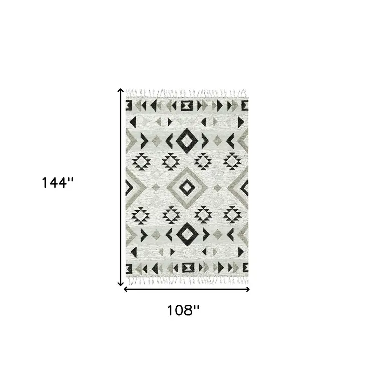 9' X 12' Silver Black And Gray Wool Tribal Flatweave Handmade Area Rug With Fringe