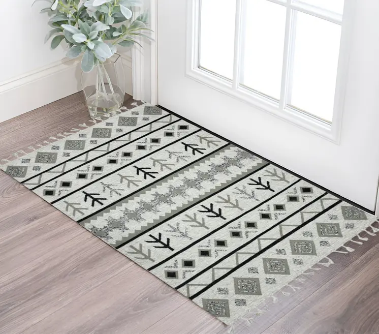 3' X 5' Ivory Gray And Black Wool Tribal Flatweave Handmade Area Rug With Fringe