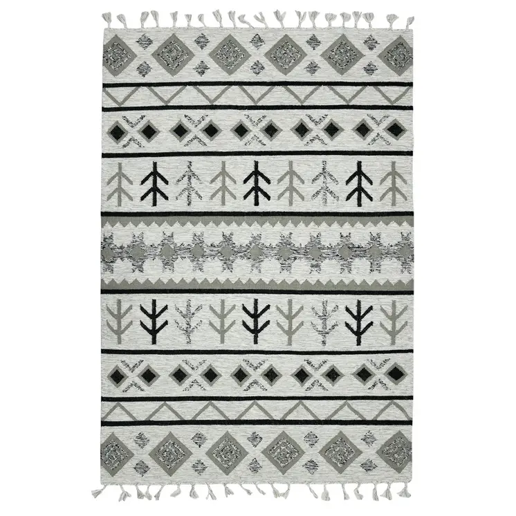 8' X 10' Ivory Gray And Black Wool Tribal Flatweave Handmade Area Rug With Fringe