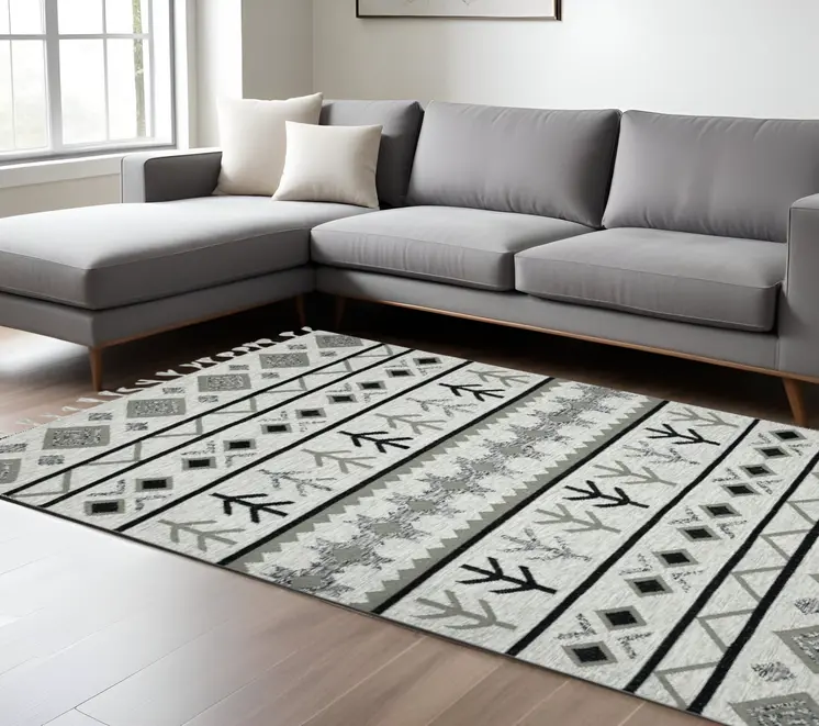 8' X 10' Ivory Gray And Black Wool Tribal Flatweave Handmade Area Rug With Fringe