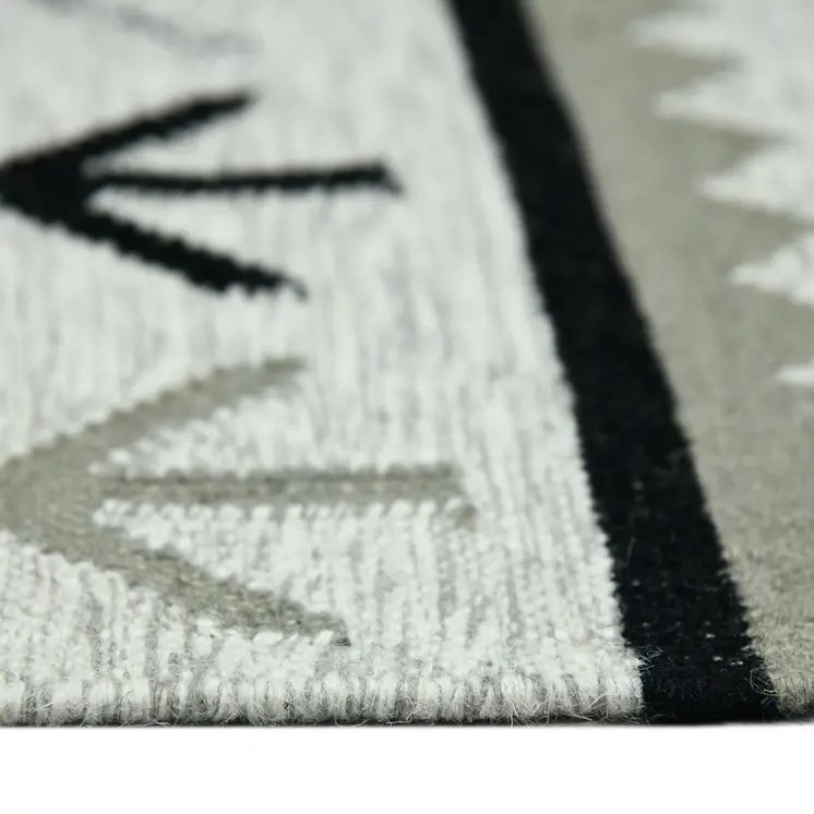 9' X 12' Ivory Gray And Black Wool Tribal Flatweave Handmade Area Rug With Fringe
