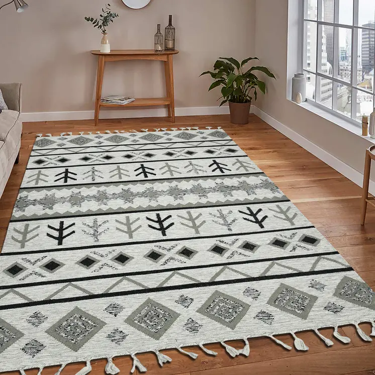 9' X 12' Ivory Gray And Black Wool Tribal Flatweave Handmade Area Rug With Fringe