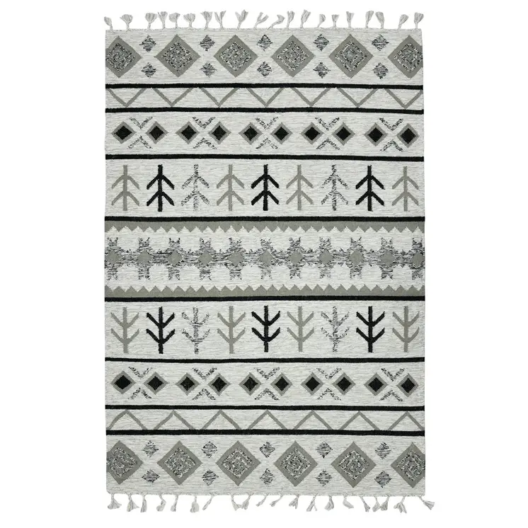 9' X 12' Ivory Gray And Black Wool Tribal Flatweave Handmade Area Rug With Fringe
