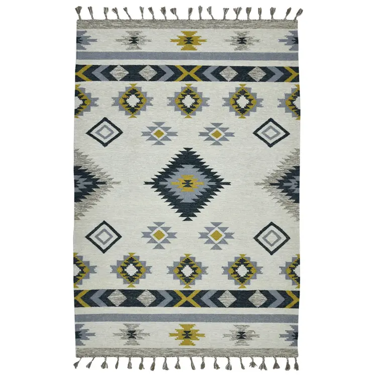 3' X 5' Ivory Blue And Gray Wool Tribal Flatweave Handmade Area Rug With Fringe
