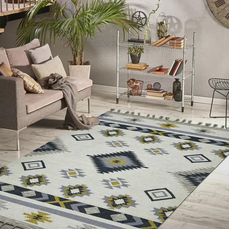 3' X 5' Ivory Blue And Gray Wool Tribal Flatweave Handmade Area Rug With Fringe