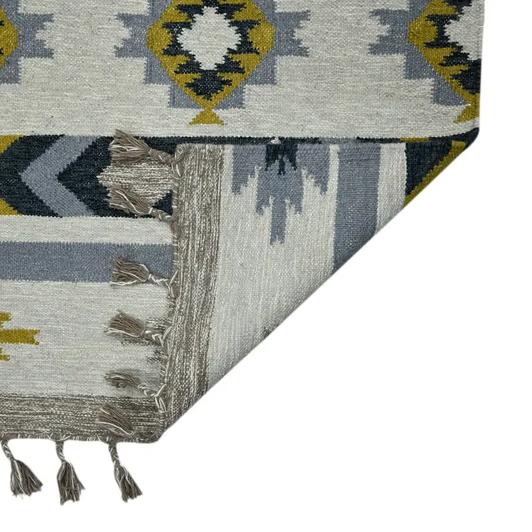 3' X 5' Ivory Blue And Gray Wool Tribal Flatweave Handmade Area Rug With Fringe